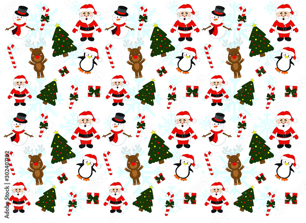 christmas background with santa claus, penguin, deer, christmas tree and snowflakes, pattern