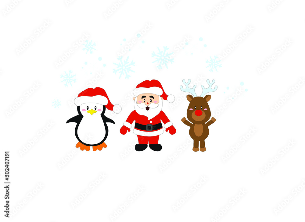 cartoon santa claus, christmas penguin and deer on a white background