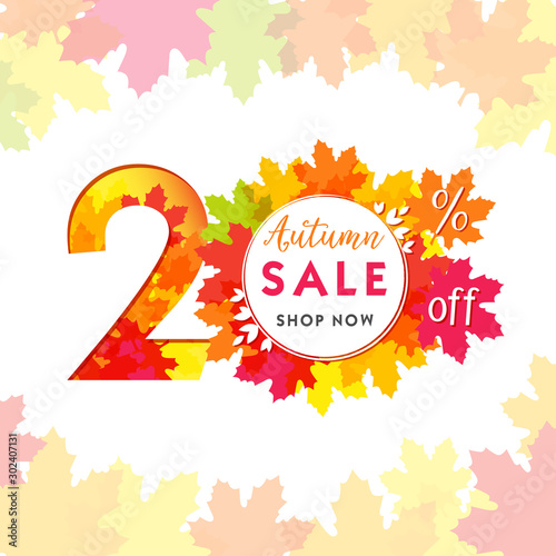20 autumn red logotype. Colorful foliage, frame and white paper background. Calendar numbers idea. 20 years old logo. Anniversary digits. Isolated abstract graphic design template. Up to 20%, -20% off