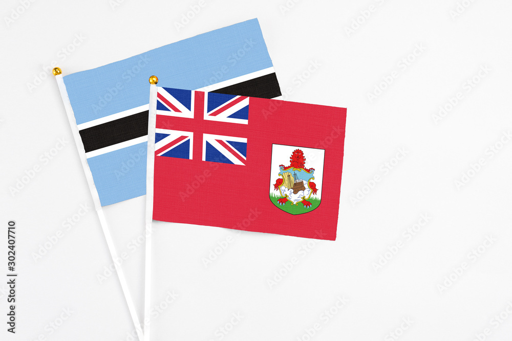 Bermuda and Botswana stick flags on white background. High quality fabric, miniature national flag. Peaceful global concept.White floor for copy space.