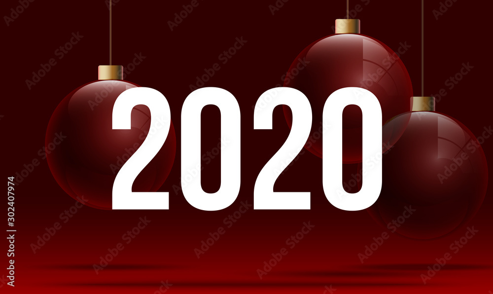 Happy 2020 New year holiday card with transparent christmas balls and decorations and white greeting lettering isolated on red background. Merry Xmas banner modern minimalistic design style flat text Happy 2020 New year holiday card with transparent christmas balls and decorations and white greeting lettering isolated on red background. Merry Xmas banner modern minimalistic design style flat text