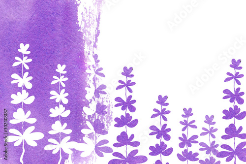 Lilac  white and purple lavender flowers on a watercolor horizontal background  with place for text. Hand drawn watercolor illustration for design of banner  template  business card  advertisement.