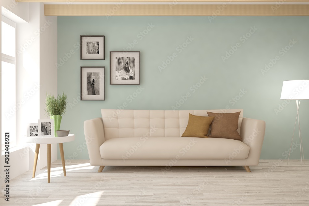 Stylish room in white color with sofa. Scandinavian interior design. 3D illustration Stylish room in white color with sofa. Scandinavian interior design. 3D illustration