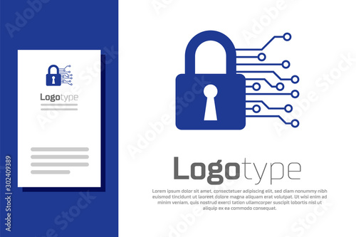 Blue Cyber security icon isolated on white background. Closed padlock on digital circuit board. Safety concept. Digital data protection. Logo design template element. Vector Illustration