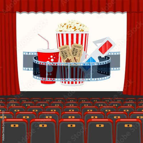 cinema auditorium with seats and popcorn