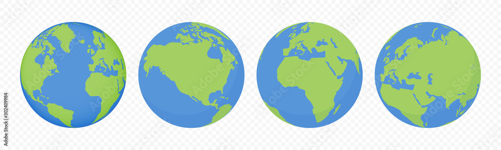 World earth globes, vector icons set. Earth planet continents map. Travel, ecology and geography world globe symbols - obrazy, fototapety, plakaty 