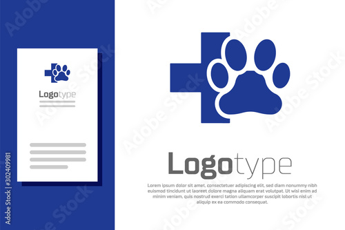 Blue Veterinary clinic symbol icon isolated on white background. Cross hospital sign. A stylized paw print dog or cat. Pet First Aid sign. Logo design template element. Vector Illustration