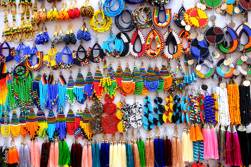 Tanzania Zanzibar handcrafted ethnic earrings on display board in Stone Town
