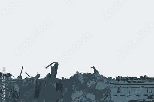 Ruined building. A pile of concrete, rubble and reinforcement debris isolated on a white background.