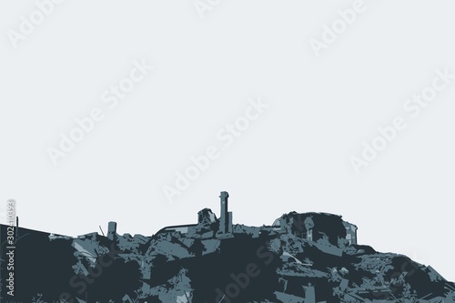Ruined building. A pile of concrete, rubble and reinforcement debris isolated on a white background.