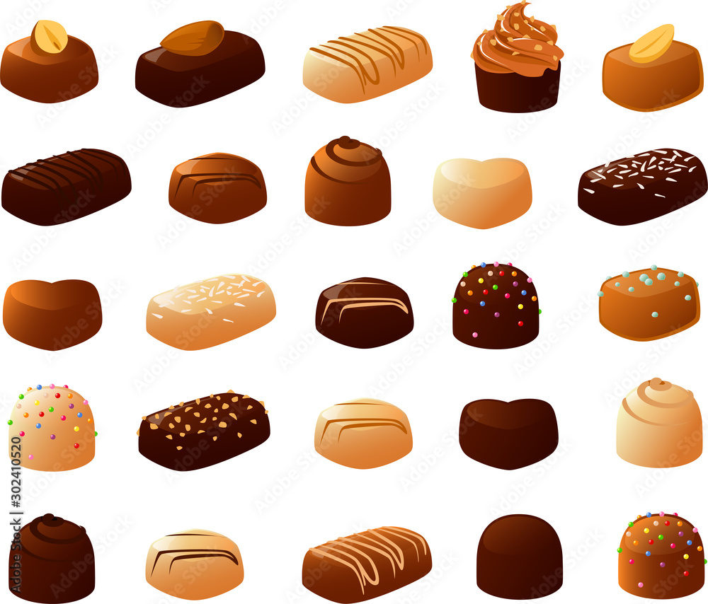 Vector illustration of various filled chocolates with different shapes and toppings