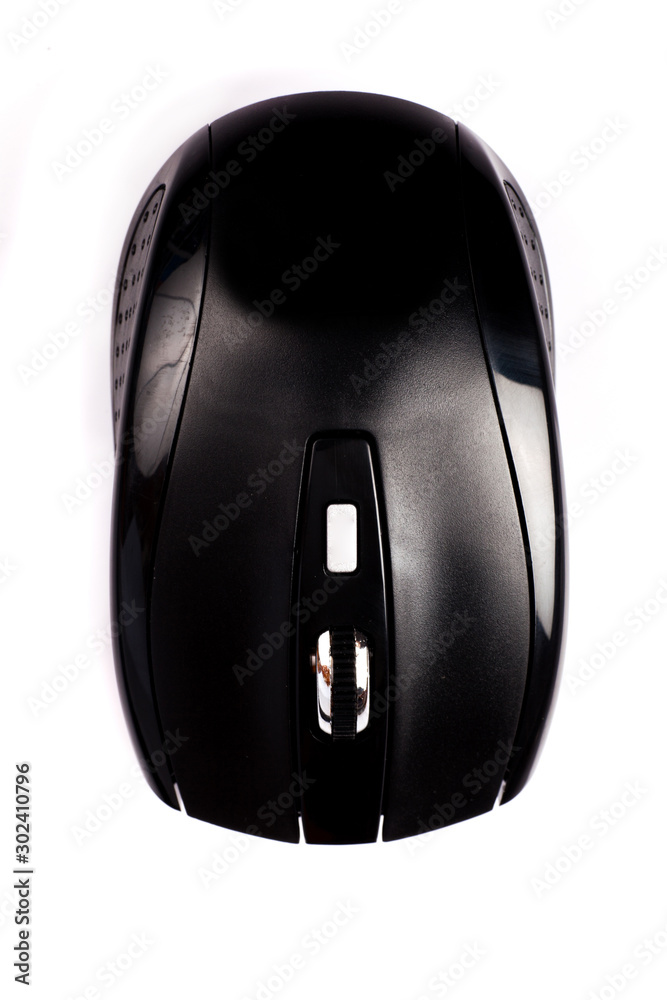 Top view of a black computer mouse, isolated on white, with copy space. Top view of a black computer mouse, isolated on white, with copy space.