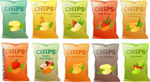 Vector illustration of various chips bags with different flavors