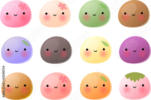 Vector illustration of various cute Japanese dessert mochi with happy faces