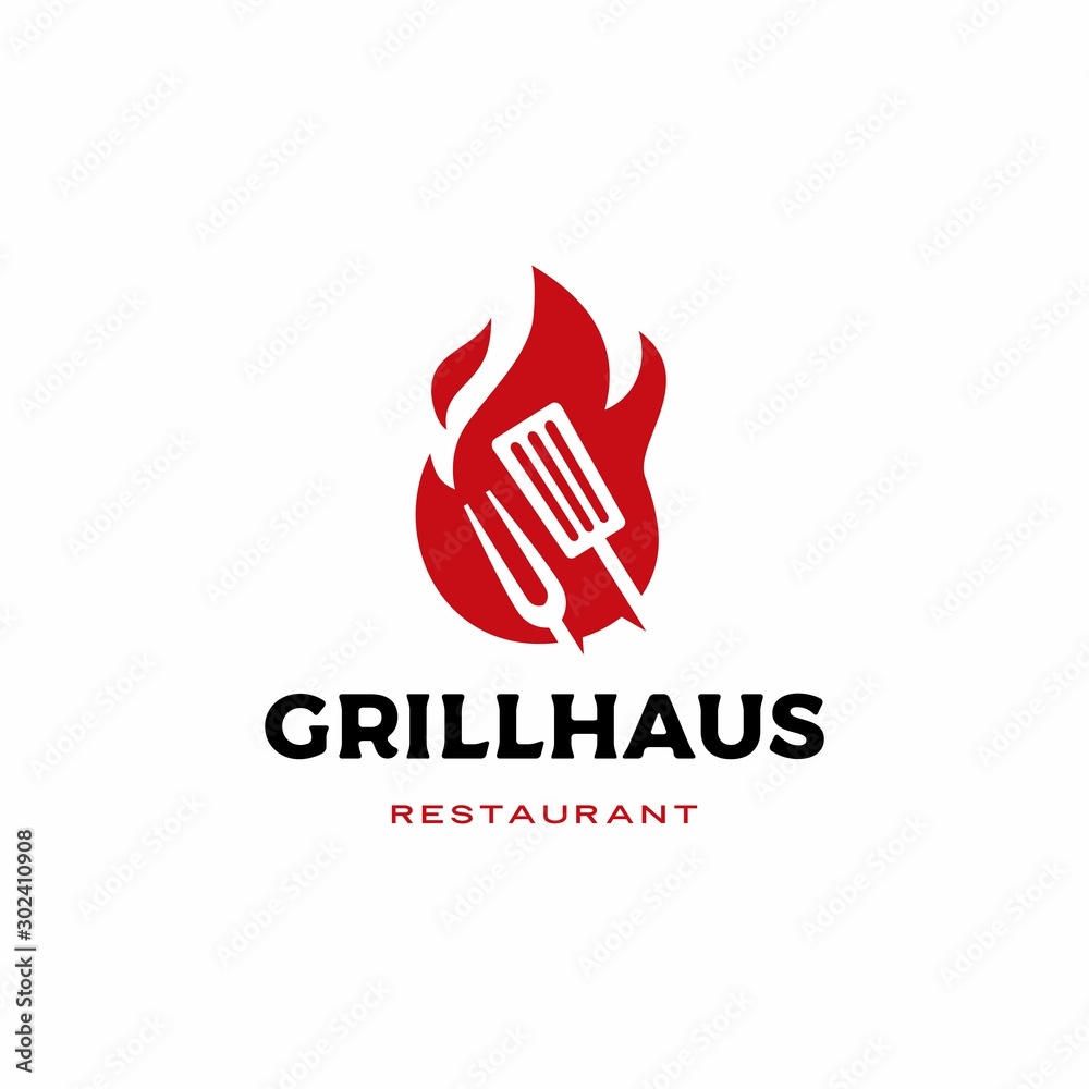 grill fire flame fork spatula logo vector icon illustration Stock ...