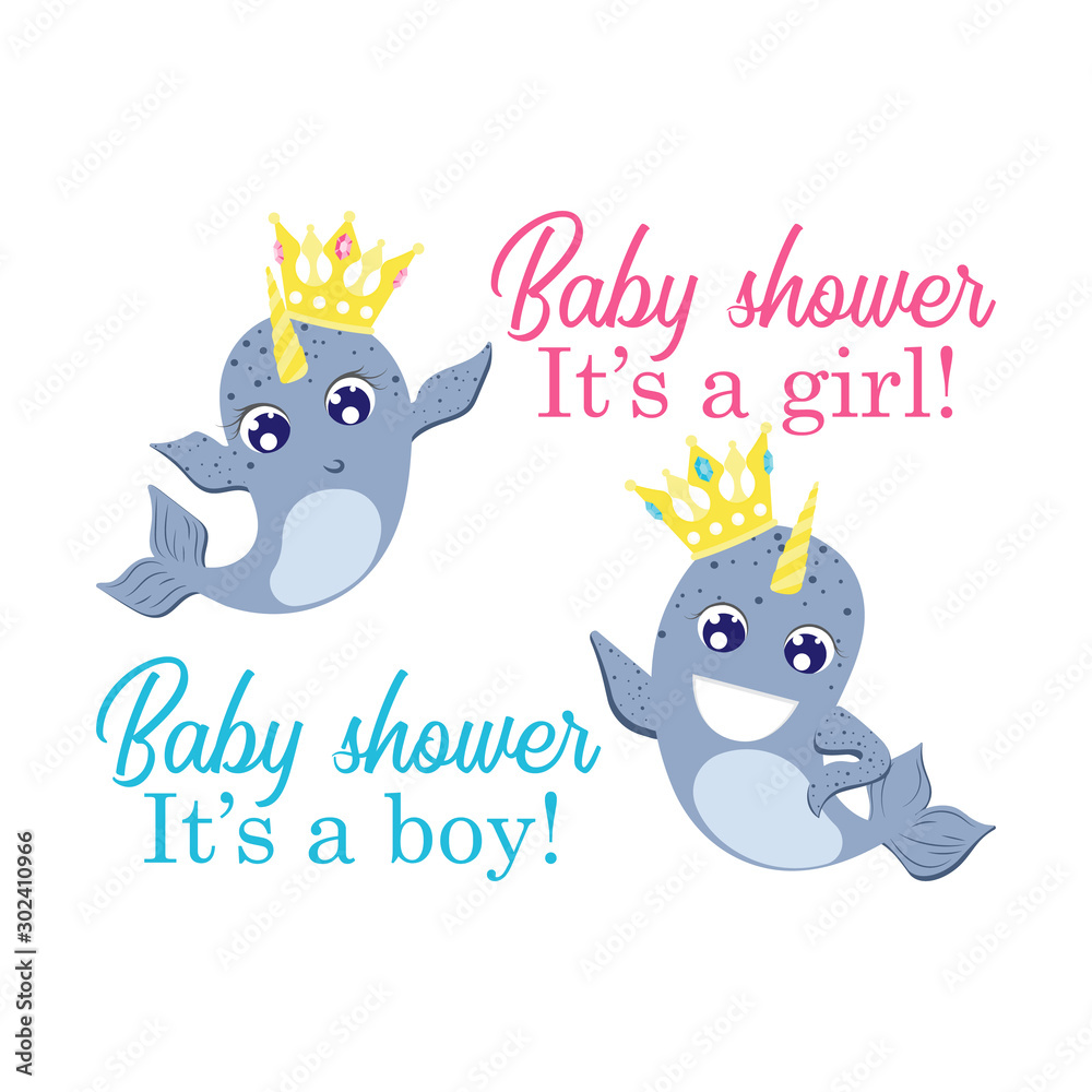 Fototapeta premium baby shower greeting card with boy and girl narwhal prince and princess with crown. It's a boy text with character. It's a girl with character.