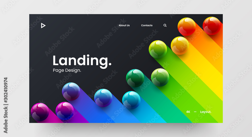 Creative horizontal website screen part for responsive web design project development. 3D colorful balls geometric banner layout mock up. Corporate landing page block vector illustration template. - obrazy, fototapety, plakaty 