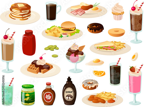Vector illustration of various kinds of typical American diner foods such as burgers, pancakes and waffles