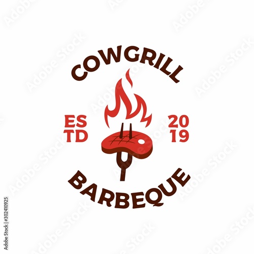 roasted steak grill fire flame logo vector icon illustration