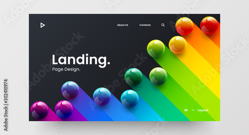 Creative horizontal website screen part for responsive web design project development. 3D colorful balls geometric banner layout mock up. Corporate landing page block vector illustration template.