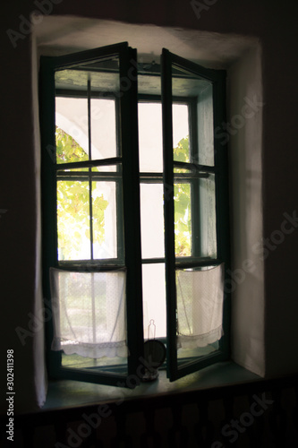 Fenster eines Historischen Hause mit dem Blick in den Garten No.4