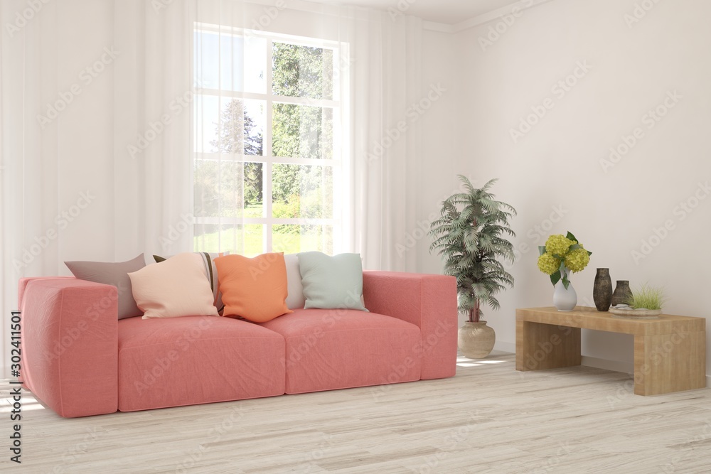 Stylish room in white color with sofa. Scandinavian interior design. 3D illustration Stylish room in white color with sofa. Scandinavian interior design. 3D illustration