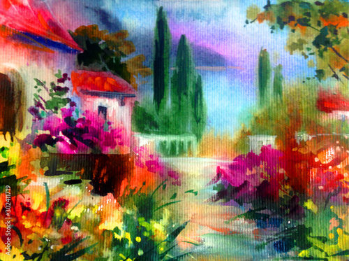 Watercolor colorful bright textured abstract background handmade . Mediterranean landscape . Painting of architecture and vegetation of the sea coast , made in the technique of watercolors from nature