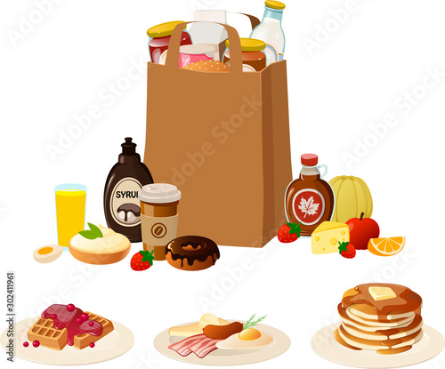 Vector illustration of a shopping paper bag with groceries and various dishes and ingredients