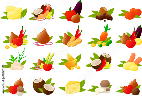 Vector illustration of fruits and vegetables decoratively arranged