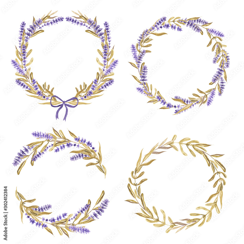 set of Lavender flower wreath watercolor illustration