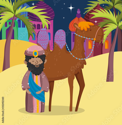 wise king and camel desert manger nativity, merry christmas