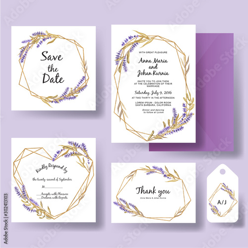 wedding invitation template of geometric gold with watercolor lavender flower