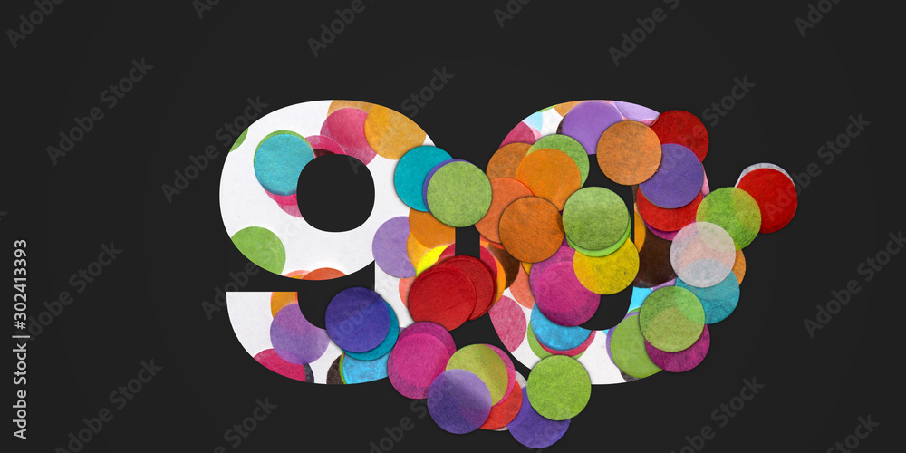 90 number ninety, graphic colorful digit and creative typography with many colourful wheels, confetti on black background. 90s music party.