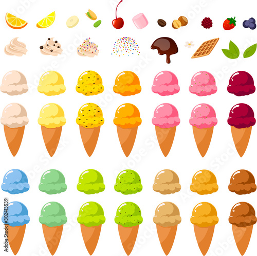 Vector illustration of various kinds of colorful ice creams, sugar cones and toppings to build your own ice cream