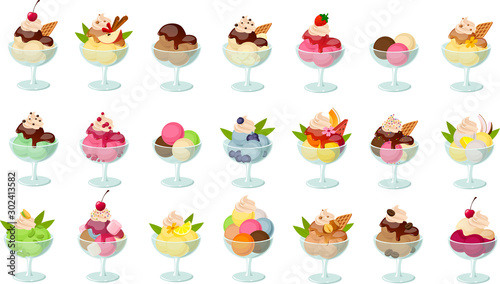 Vector illustration of various kinds of colorful ice creams in dessert glasses and with toppings photo
