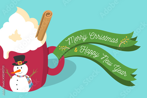 Vector illustration Christmas eggnog latte with whipped cream, cinnamon stick in red mug with snowman and green Merry Christmas and Happy New Year ribbon on mug handle on light blue background.