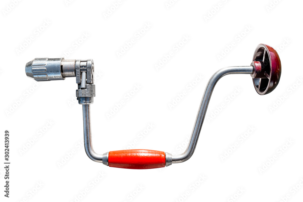 Old hand drill with a red wooden handle, isolated on a white background with a clipping path. Old hand drill with a red wooden handle, isolated on a white background with a clipping path.