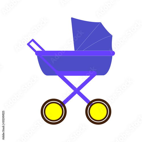 A vintage style well drawn purple and yellow baby stroller