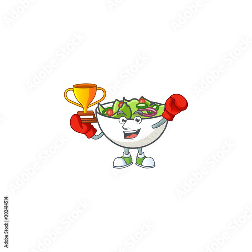 Fresh salad cartoon character with boxing winner mascot