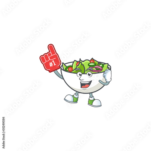 Fresh salad cartoon character with foam finger mascot