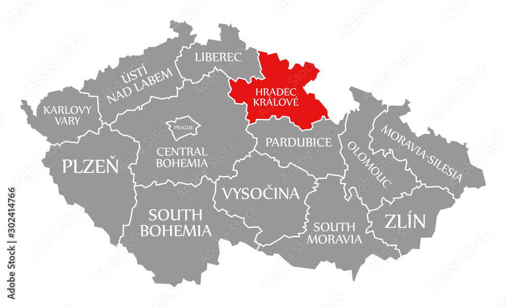 Hradec Kralove red highlighted in map of Czech Republic