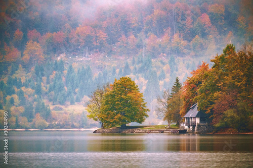 Beautiful autumn scenery at lake Bohinj