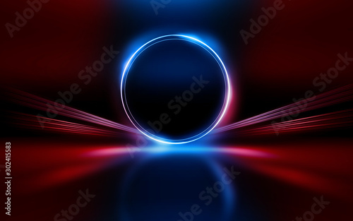 Empty show scene background. Reflection of a dark street on wet asphalt. Rays of red and blue neon light in the dark, neon shapes, smoke. Abstract dark background. photo