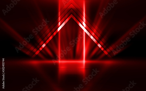 Empty show scene background. Reflection of a dark street on wet asphalt. Rays of red neon light in the dark, neon shapes, smoke. Abstract dark background.