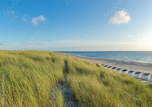 Beach View With Beach Cabins And High Dunes With Grass At Texel Netherlands