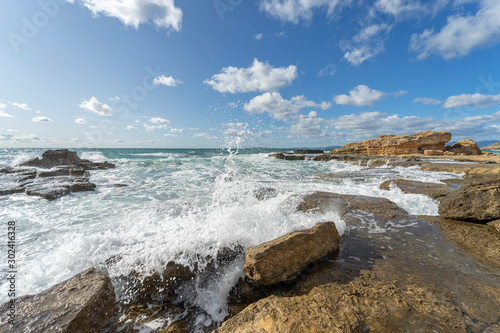 Water in the form of waves of the Mediterranean Sea on the Island of Mallorca, Spain