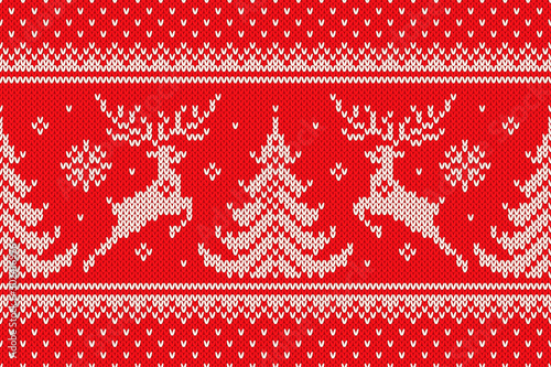 Traditional Winter Holiday Knitting Pattern with Reindeers and Christmas Trees. Scheme for Wool Knit Christmas Sweater Design or Cross Stitch Embroidery. Vector Seamless Background