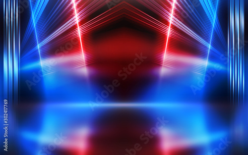 Empty show scene background. Reflection of a dark street on wet asphalt. Rays of red and blue neon light in the dark, neon shapes, smoke. Abstract dark background.