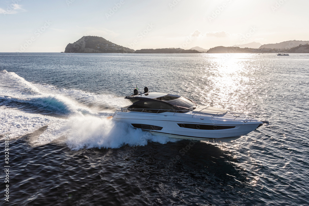 luxury motor yacht in navigation, aerial view