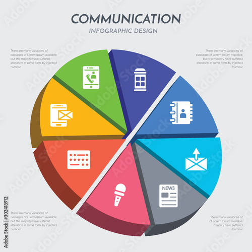 communication concept 3d chart infographics design included message, morse code, news reporter, newspaper, outbox, phone book, phone booth, phone call icons